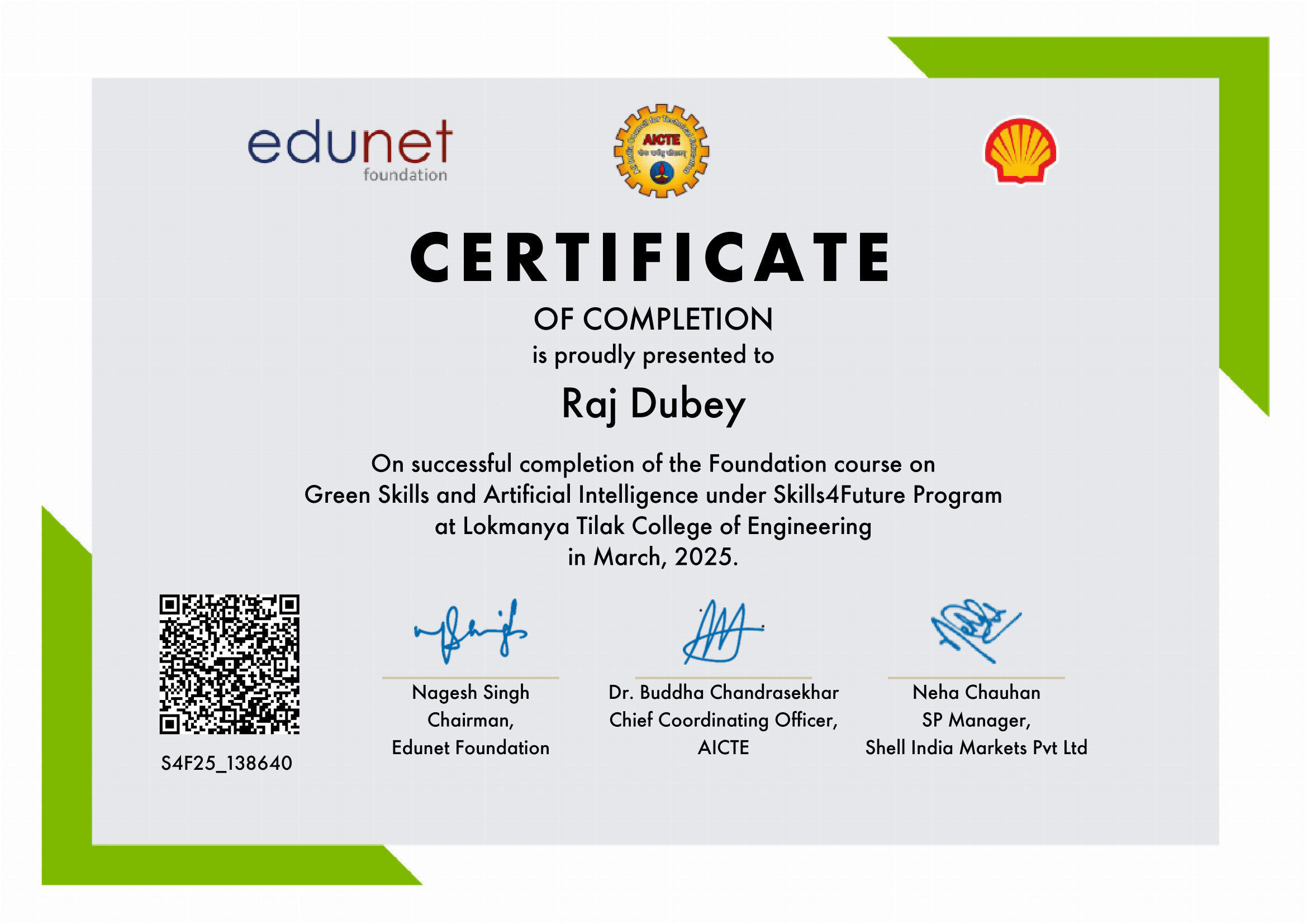 Green Skills & Artifical Intelligence Foundation Course Under Skills4Future Program By Edunet Foundation Certificate